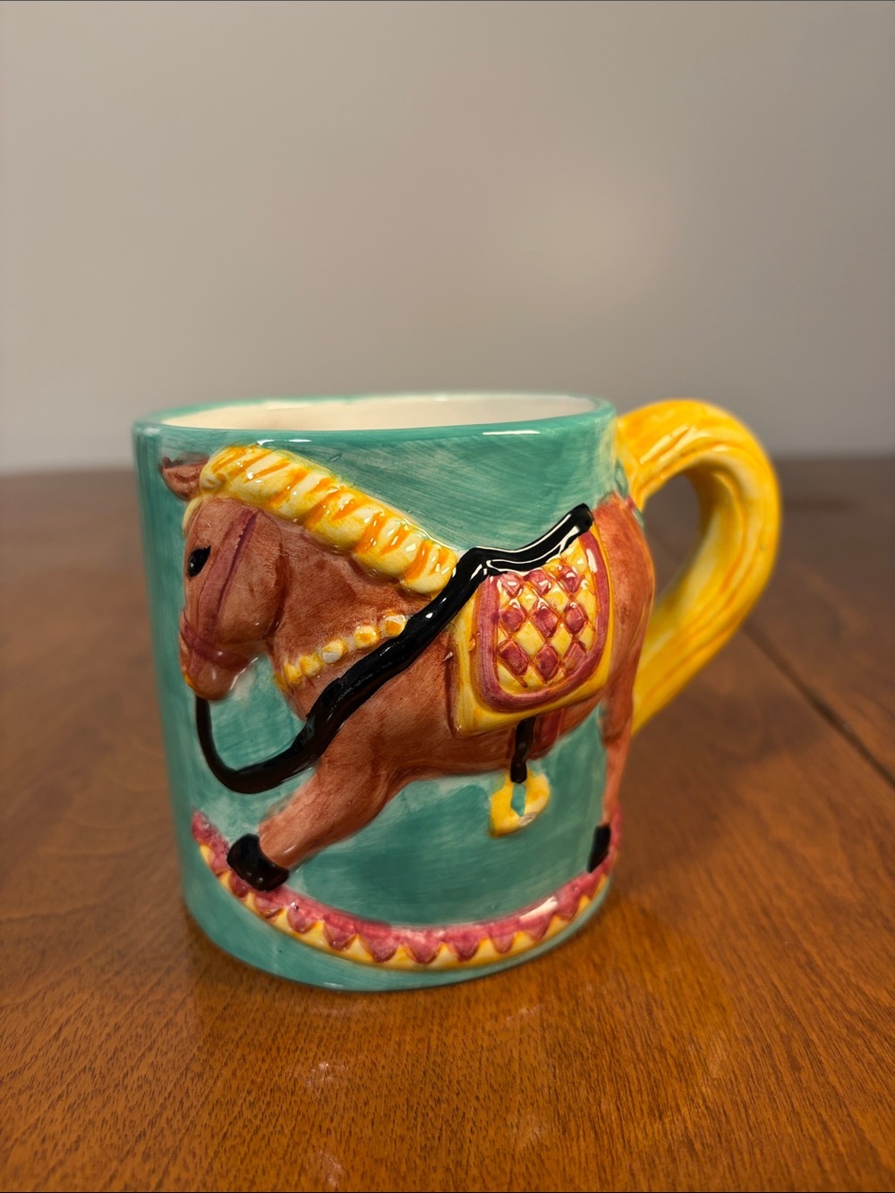Whimsical Rocking Horse Mug Raised Relief Colorful Ceramic Coffee Cup